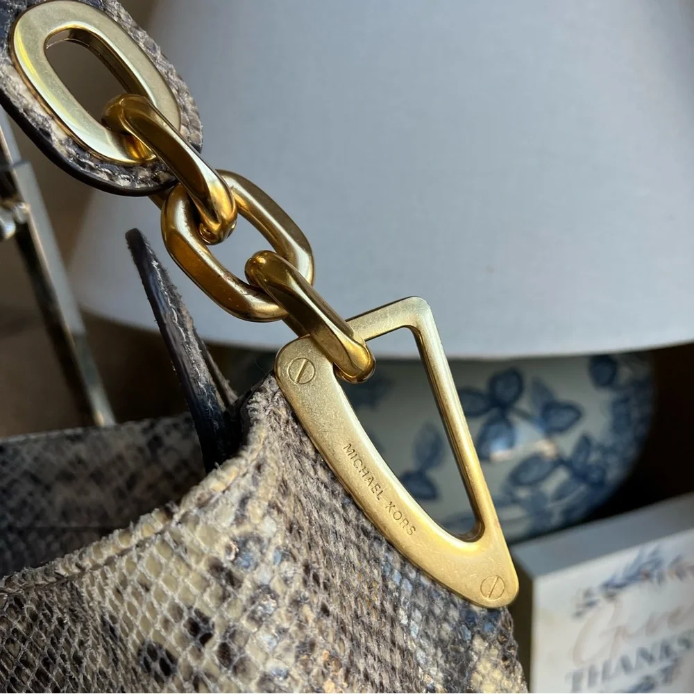 Michael Kors Ines Snake Print Leather Metal Chain Hobo Retail $498